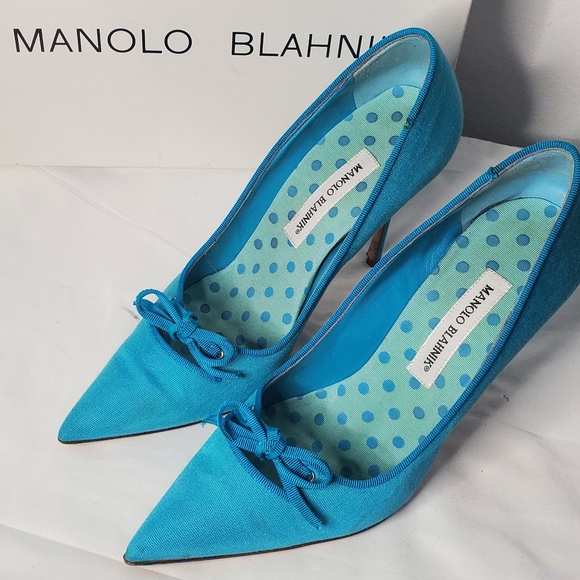 MANOLO BLAHNIK-size 40/10- pumps designer embellished linen in turquoise fabric - Picture 1 of 9